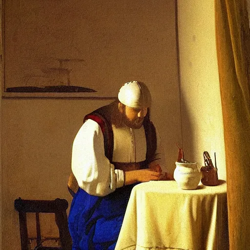 Prompt: Addiction descipted as an potrait of a man. Classical dutch painting by Vermeer .Art station. Mood lighting. - h 1200