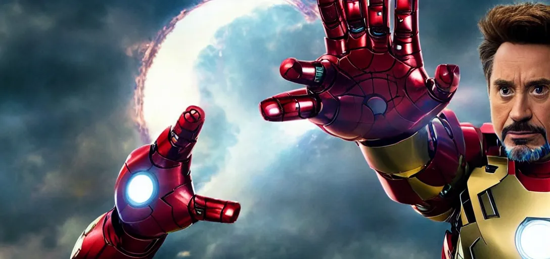 Prompt: jim carrey as iron man, cinematic lens, heroic shot, full shot, from avengers endgame