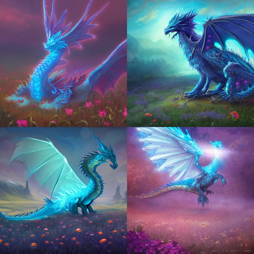 Prompt: beautiful digital fantasy illustration of a closeup giant feathered blue bioluminescent dragon sitting alone in a flower meadow, concept art by greg rutowski, anato finnstark, and rebecca guay, highly detailed, soft lighting, rendered in octane