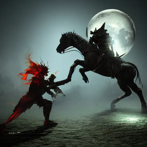 Image similar to Fight between a powerful demon and a knight, painting, volumetric lighting, moon light, , beautiful details, HDR, , action shot, wide angle, horror theme,