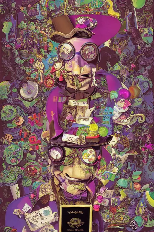 Prompt: whimsical pixar Johnny Depp in wonderland Willy Wonka's Chocolate Factory, Illustration, Colorful, insanely detailed and intricate, super detailed, by Lulu Chen, moebius, craig mullins