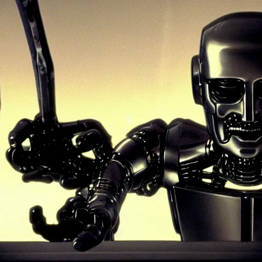 Image similar to movie scene of a man with a robot head, menacing, movie still, cinematic composition, cinematic light, criterion collection, reimagined by industrial light and magic, Movie by David Lynch and Ridley Scott