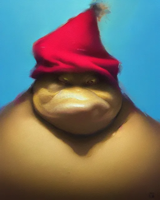 Prompt: hyper realistic oil painting of a fat toad in a wizard hat, vibrant colors, high contrast, by greg rutkowski, trending on artstation