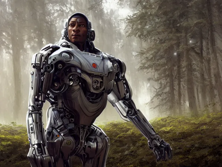 Prompt: cinematic wide portrait of cyborg wearing a sci - fi silver exoskeleton, rule of thirds, action pose, beautiful forest landscape in background, fantasy, sci - fi, cyberpunk - style, artgerm and greg rutkowski, 8 k, octane, intricately detailed, highly detailed, trending on artstation