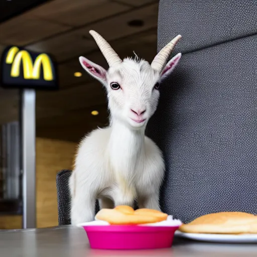 Image similar to a cute baby goat sitting in a booth eating at mcdonalds, mcdonalds interior background, close up of the baby goat, photo