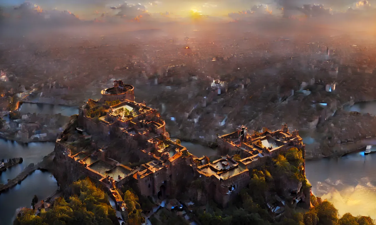 Prompt: a middle age city, fort on a mountain top, birds eye view, fountains, clouds, dreamy, golden morning, sunrise, unreal engine, Greg Rutkowski, James Gurney, artstation