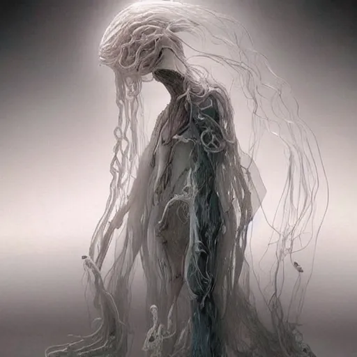 Image similar to an anime by yuji ikehata, of an ethereal ghostly wraith like figure with a squid like parasite latched onto its head and long tentacle arms that flow lazily but gracefully at its sides like a cloak, anime, vhs, grainy