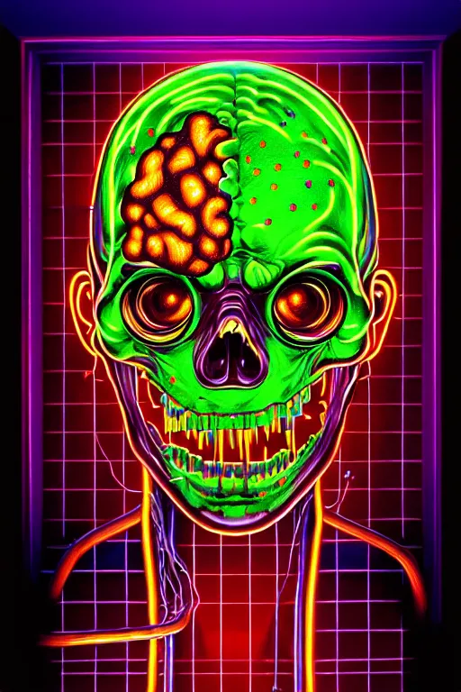 Prompt: a photorealistic painting of the transparent glass isometric nightmare zombie horror machine chemistry, glowing neon liquid, brains, electronics, fiber optic wires illuminating, by johfra bosschart, lisa frank, dark fantasy art, high detail, trending on artstation