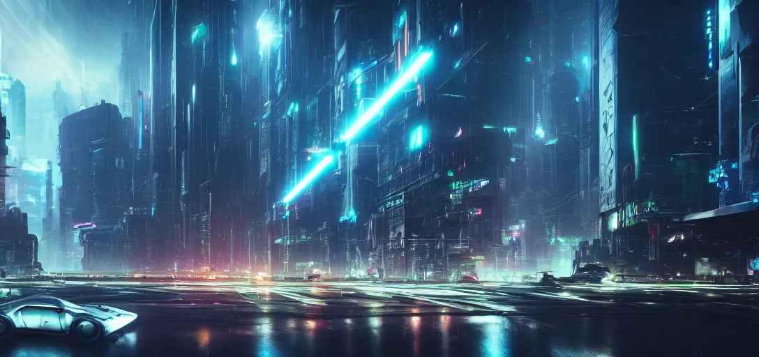 Image similar to view from the edge of a futuristic cyberpunk city at night in rain, refraction, reflection, lens flare, cars flying in the sky distance, symmetry, cinematic lighting, ultra detailed, sharp, ambient occlusion, raytracing, by greg rutowski, paul chadeisson and jessica rossier