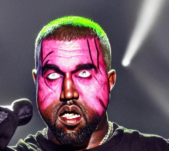 Prompt: color still shot of kanye west lead singer performing in music group insane clown posse, face closeup