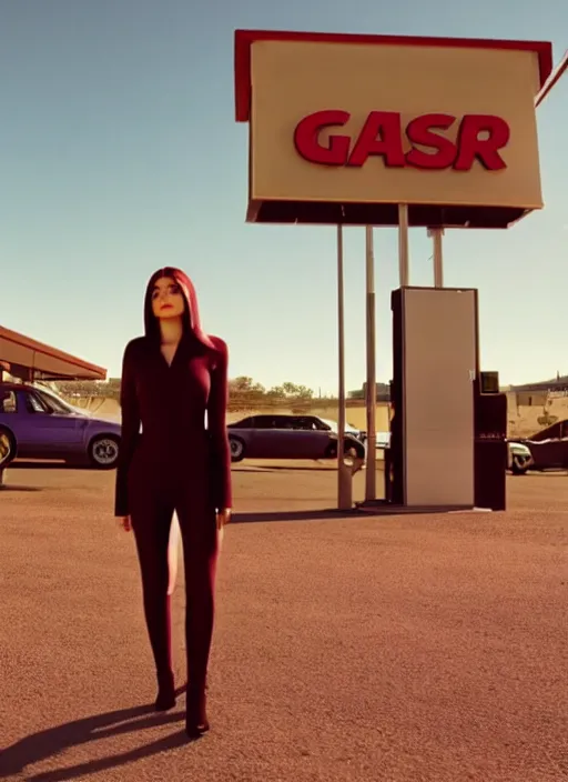 Image similar to a pov, color cinema film still of kylie jenner standing at a gas station, ambient lighting at night, from better call saul ( 1 9 9 9 ).