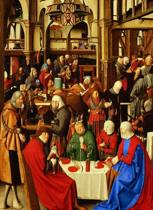 Prompt: date at the crowded medieval inn. Medieval painting, by Jan van Eyck