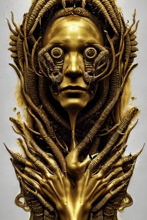 Prompt: portrait of a surreal ancient god, made by liquid gold melting, floating in the sky, insanely detailed, trending on artstation, golden ratio, concept art by Emil Melmoth