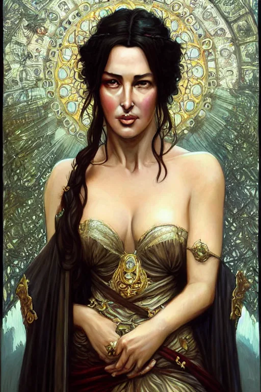 Image similar to Monica Bellucci as a princess, fantasy, intricate, elegant, highly detailed, digital painting, artstation, concept art, matte, sharp focus, illustration, art by Artgerm and Greg Rutkowski and Alphonse Mucha