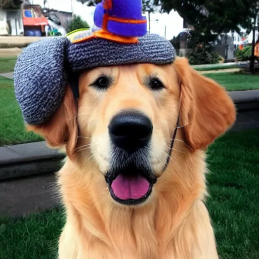 Prompt: A golden retriever wearing a funny hat