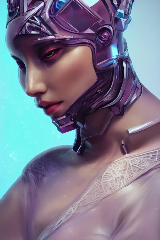 Image similar to beautiful portrait of friendly attractive alien cyborg, style of Feng Zhu, Artstation geometric, aesthetic, smooth skin, unique features, symmetrical, intricate crown, high fashion, streetwear, cyberpunk, detailed, octane render, cinematic, 8k, purple skin, brown skin