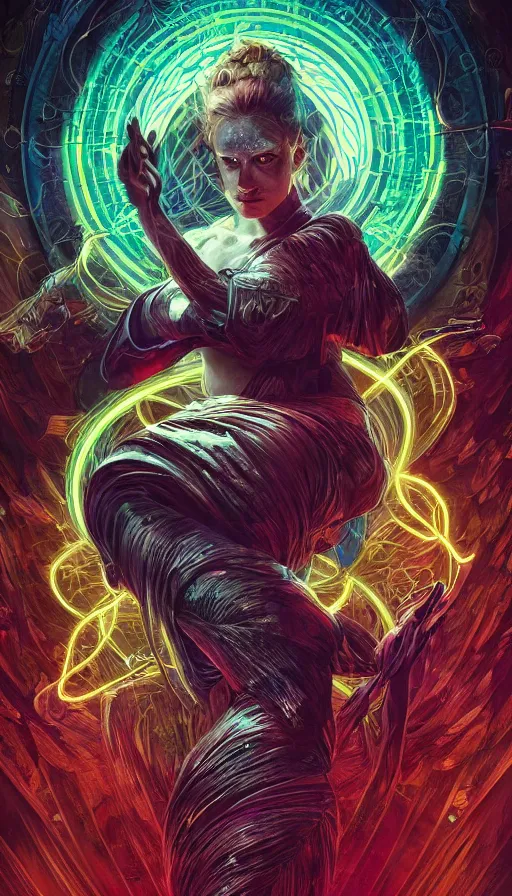 Image similar to tarot card, altered carbon, neon, fibonacci, sweat drops, insane intricate, highly detailed, digital painting, artstation, concept art, smooth, sharp focus, illustration, unreal engine 5, 8 k, art by artgerm and greg rutkowski and alphonse mucha