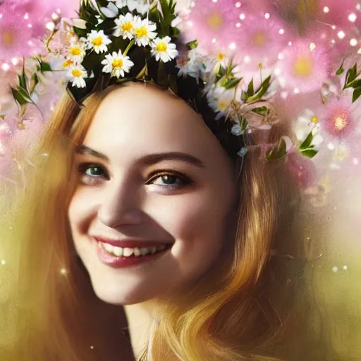 Image similar to close-up of a smiling beautiful female, blonde,, wearing a crown of daisies, beautiful happy face, ethereal, starry, space, magical atmosphere, maximalist, cinematic lighting, cinematic atmosphere, trending on artstation, cgsociety, 8k, high resolution, in the style of Faiza Maghni, David Ligare, Flora Borsi, Daniel Gerhartz,
