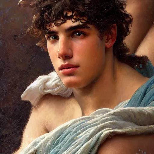 Image similar to portrait of 19 year old Antinous in ancient Greece, (SFW) safe for work, photo realistic illustration by greg rutkowski, thomas kindkade, alphonse mucha, loish, norman rockwell