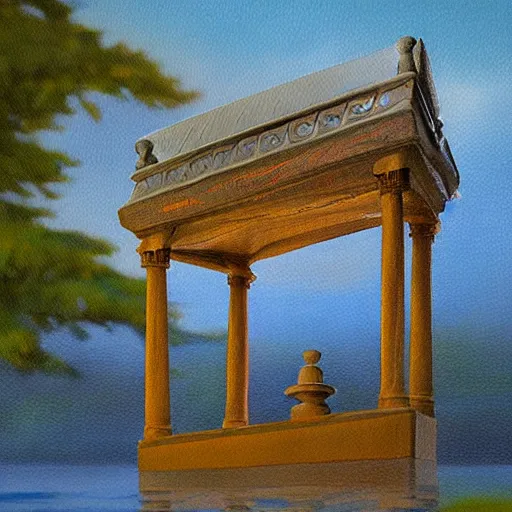 Image similar to uncanny otherworldly lake settee portico, by camille - pierre pambu bodo and h. p. lovecraft, tilt shift, detailed painting