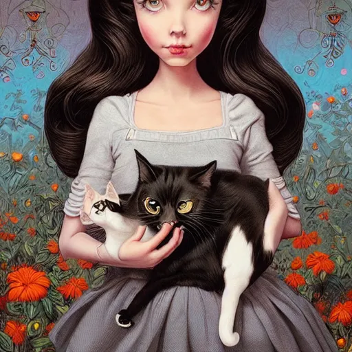 Prompt: Lofi portrait of a girl holding a cat, Pixar style by Joe Fenton and Stanley Artgerm and Tom Bagshaw and Tim Burton