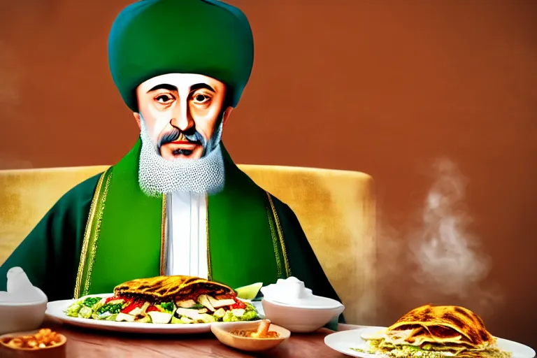 Image similar to Ottoman Sultan Mehmet IV eating shawarma in a restaurant, wearing big ovular turban and a luxurious Ottoman coat, green eyes, super realistic facial features, detailed face, Ottoman Sultanate, cheerful, expressive, photorealistic, hyperrealism, micro details, HDR Shot