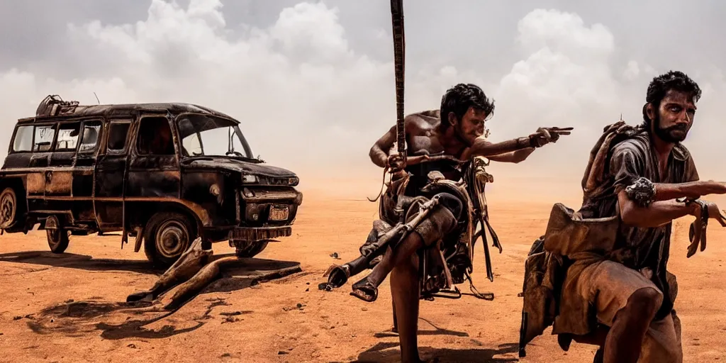 Image similar to sri lankan mad max style, tuk tuk, film still, epic shot cinematography, rule of thirds