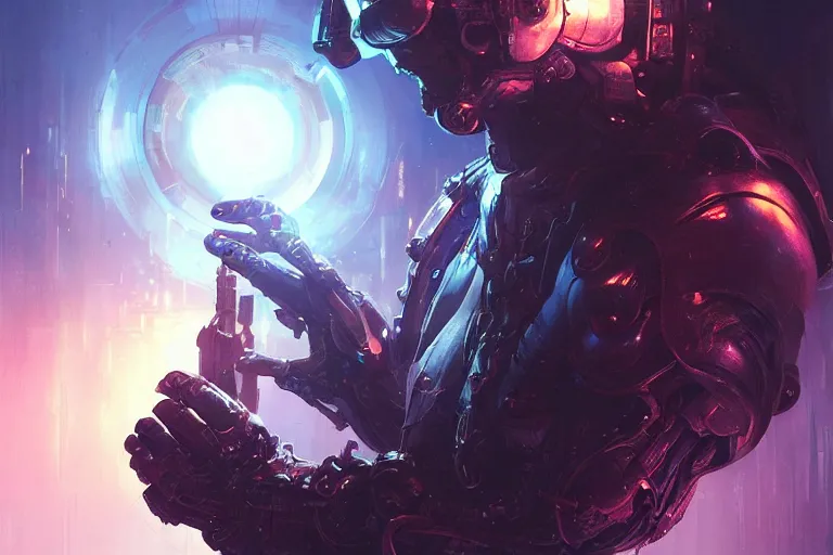 Image similar to portrait sci-fi art by Greg Rutkowski and Ruan Jia and artgerm, a glowing alien liquid metal orb floating above the hand of a soldier, solar flares, futuristic environment, detailed and intricate environment, fractal biomech, cyberpunk, neon color, purple bioluminescence, chrome, dramatic lighting, cinematic, high technology, highly detailed portrait, digital painting, artstation, concept art, smooth, sharp focus, ilustration, Artstation HQ