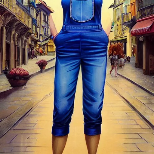 Image similar to a blonde fuller figured middle aged barbara bach from the bond film wearing blue dungarees and eating ice creams in porto, real life skin, intricate, elegant, highly detailed, artstation, concept art, smooth, sharp focus, art by artgerm and greg rutkowski and alphonse mucha