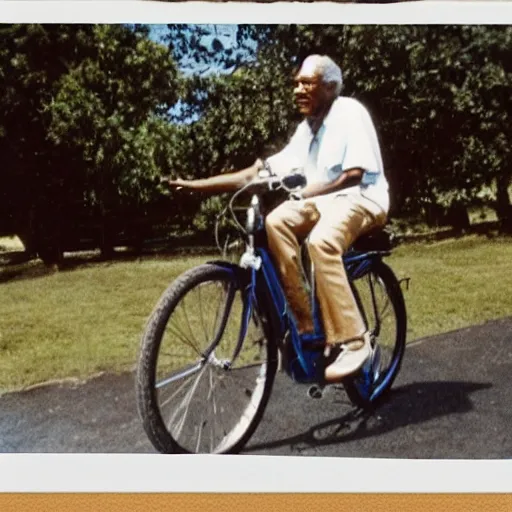 Image similar to young morgan freeman learning to ride a bike, polaroid photo