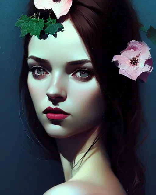 Image similar to stylized portrait of an artistic pose, composition, dark mysterious young lady, cinematic moody colors, ivy, flowers, one single head, realistic shaded, fine details, realistic shaded lighting poster by ilya kuvshinov, magali villeneuve, artgerm, jeremy lipkin and michael garmash and rob rey