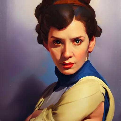 Image similar to greg manchess portrait painting of leia organa as overwatch character, medium shot, asymmetrical, profile picture, organic painting, sunny day, matte painting, bold shapes, hard edges, street art, trending on artstation, by huang guangjian and gil elvgren and sachin teng