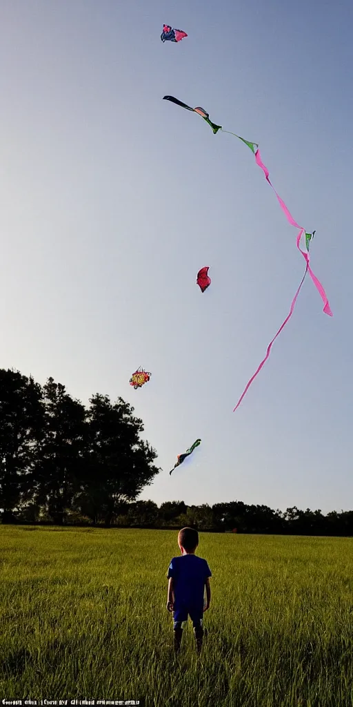 Image similar to the boy is standing in the field looking at a kite with a camera beam over his head that is pointing into the field at night, in the