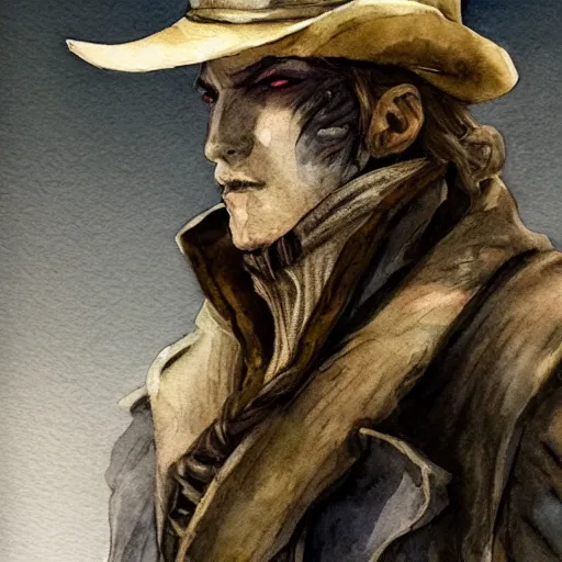 Prompt: A watercolor portrait of a character from Bloodborne, 4k, trending on artstation, tasteful, bokeh, hyperrealistic, highly detailed, good proportions