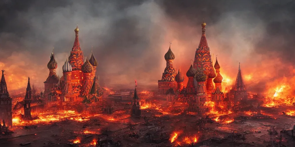 Prompt: A post-apocalyptic scene of fire and explosions on Red Square and the Kremlin, St Basil cathedral is destroyed, sci-fi concept art, nuclear mushroom, lots of fire, panic, dark, clouds, 8k, high detail, advanced rendering whimsically designed art, 4k post-processing highly detailed, Soft illumination