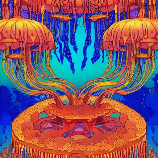 Image similar to ivan bilibin and edmund dulac and ilya kuvshinov and katsuhiro otomo inspired print of jellyfish in a bright ocean, deep focus, fantasy, intricate, elegant, highly detailed, digital painting, concept art, sharp focus, illustration, scarlet - green and mustard - indigo and azure - orange and white color scheme