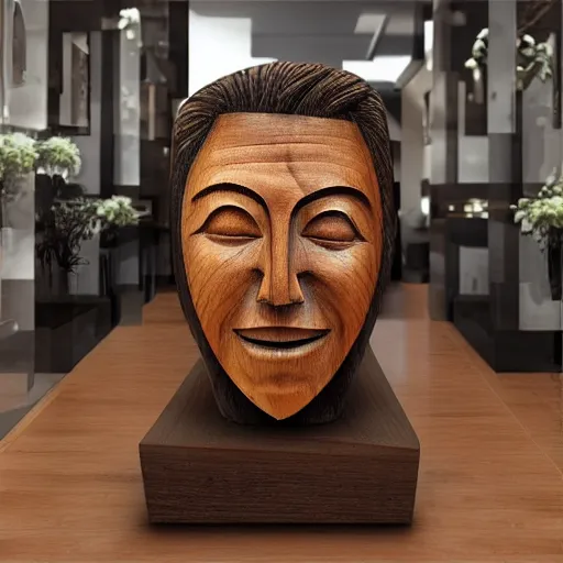 Image similar to wooden carved oversized elon mask statue photo 4k