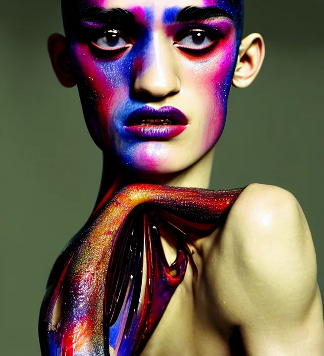 Image similar to photography facial portrait in a gaz station at night of seductive actress sofia boutella dressed by an organic looking dress from designer * iris van herpen *, with stylish colorfull makeup. intriguing soft back lighting, geisha tattoo, highly detailed, skin grain detail, photography by paolo roversi, nick knight, helmut newton, avedon, araki