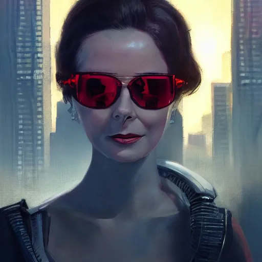 Prompt: a closeup portrait of vivian leigh as a cyberpunk protagonist, shag cut, sunglasses, augmented, dramatic light, city background, megacity, sunset, high contrast, sharp, painted by stanley lau, painted by greg rutkowski, painted by stanley artgerm, digital art, trending on artstation