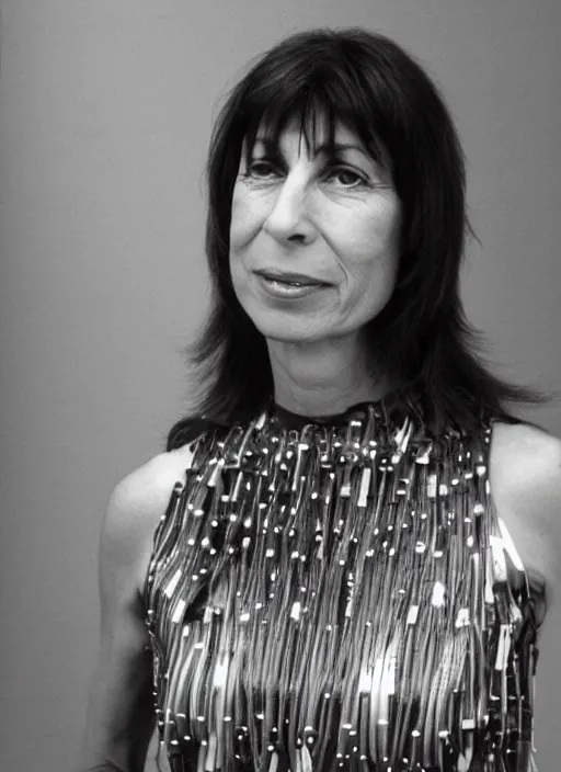 Prompt: Suzanne Ciani wearing a dress made out of synthesizer cables designed by Julius