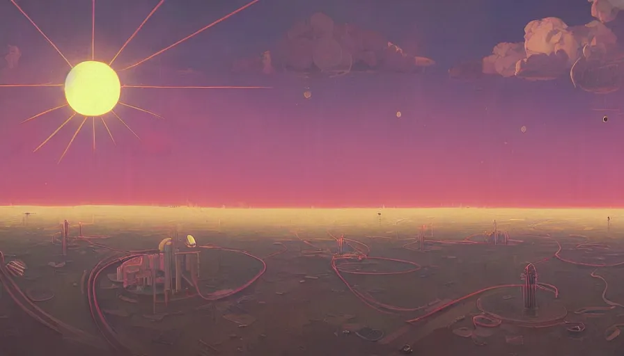 Image similar to clouds floating in front of the sun in space, simon stalenhag, art deco painting