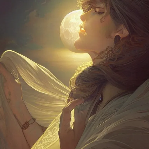 Image similar to Moon in the background, intricate, elegant, highly detailed, digital painting, artstation, concept art, smooth, sharp focus, illustration, art by artgerm and greg rutkowski and alphonse mucha