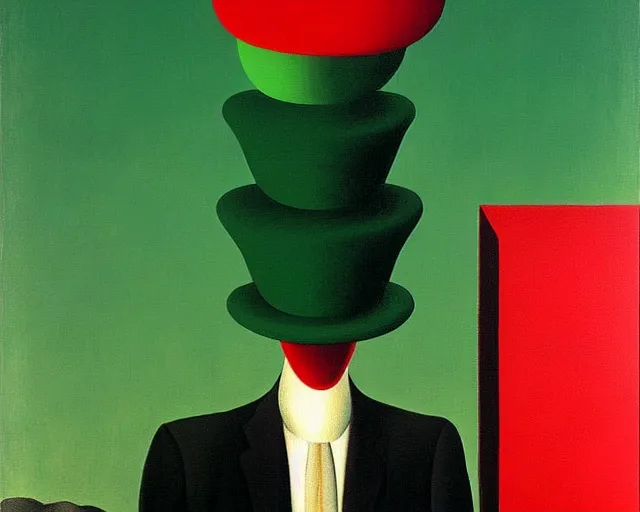 Image similar to a green, red, and black painting by Magritte