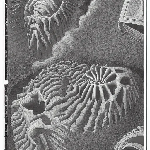 Image similar to science poster, spatial space deformation in latent space, math art, by jamnitzer and gustave dore and mc escher