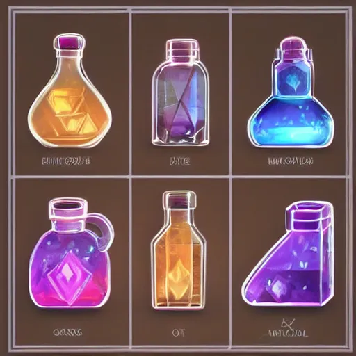 Prompt: set of square icons of potion bottles with glowing crystals inside, assorted shapes and colors, game asset sheet, art by artgerm and ross tran