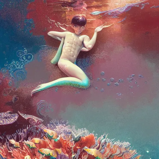 Prompt: harmony ( golden glimmering merman brown haired cute yoongi ), under water swimming, colorful coral, muted colors, wlop, james jean, victo ngai, highly detailed, fantasy art by craig mullins, thomas kinkade