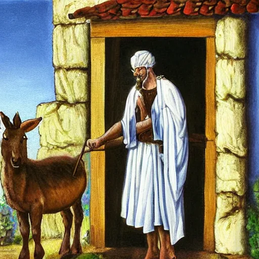 Prompt: man in ancient caananite costume painting a painting of a donkey on the doorpost of an ancient home