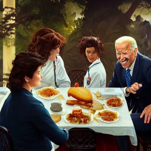 Image similar to Joe Biden and an obese chef eating together unhealthy food at the white house, highly detailed, digital painting, artstation, concept art, sharp focus, illustration, art by artgerm and greg rutkowski and alphonse mucha and Norman Rockwell