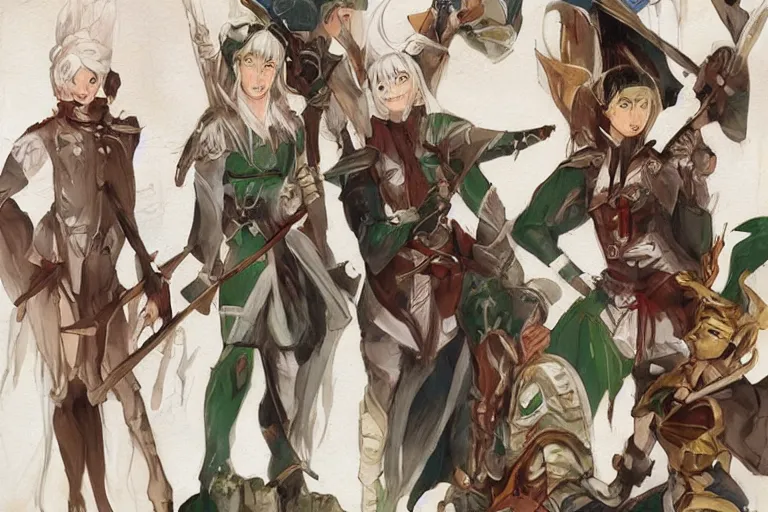 Image similar to dungeons and dragons fantasy painting of elven soldiers, white hair, determined expressions, anime inspired