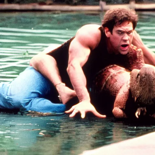 Image similar to jim halpert wrestling an alligator 8 0 s movie still action